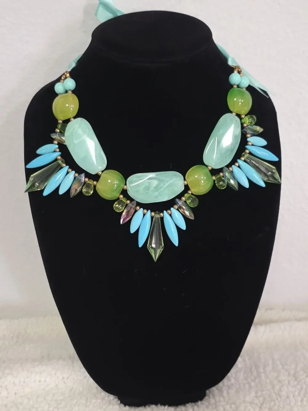 Vibrant Colorful Statement Necklace Green Blue Turquoise Stones Ribbon Closure